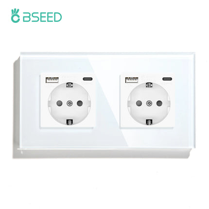 BSEED EU Standard Wall Electrical Sockets Type-C Outlets Wall Power Socket USB Charge Port Glass Panel Kids Protection 16A