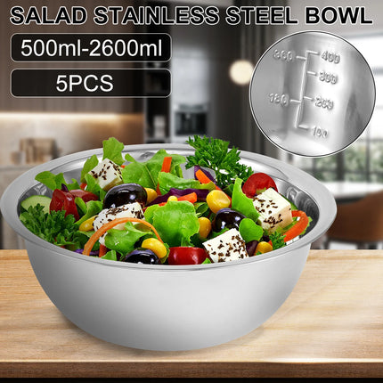 5Pcs Salad Mixing Bowl Set Stainless Steel Multipurpose Soup Basin 5 Sizes Nesting Bowls for Kitchen Cooking Baking Food Storage