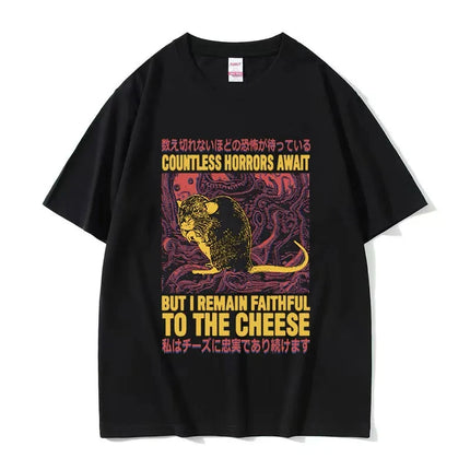 Funny Cheese Devouring Machine Japanese Rat Graphic T Shirts Men Vintage Fashion O-Neck Oversized T-shirt Y2k Unisex 62408