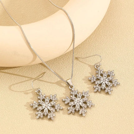 2-Piece Set of Fashion Diamond Studded Snowflake Pendant Earrings, Elegant Women's Christmas Trendy Snowflake Pendant Necklace