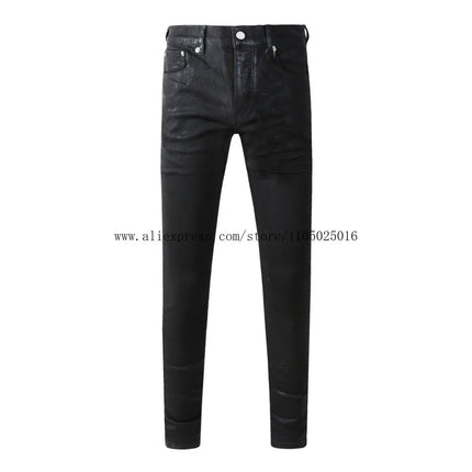 High Street American Distressed Men's Jeans Fashion Brand Coated Blank Stretch Skinny Button Fly Ripped Pants Trousers