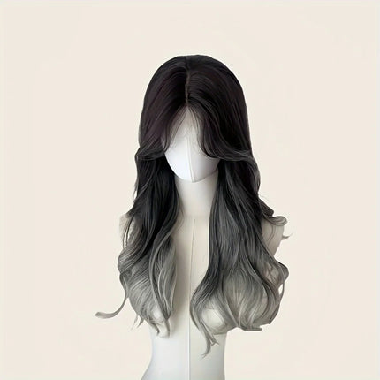 Black to Blue/Pink/Black Ombre Long Wavy Wig Natural Fluffy Body Wave Heat Resistant Synthetic Hair Daily & Party.