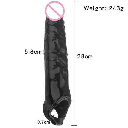Man Nuo 28CM Huge Penis Enlargemen Extender Condoms Realistic Penis Extension Sleeve Reusable Condom Cock Ring Sex Toys For Men