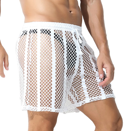 Men Boxers Mesh Sexy Underwear Hollow Lingerie Fishnet Sleepwear See Through Long Leg Boxer Shorts Underpants