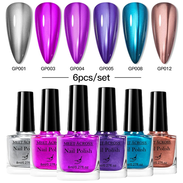 6pc Mirror Metallic Nail Polish No Need Lamp Quick Dry Mirror Effect Long Lasting Nail Supplies Varnish Manicure for Home Salon
