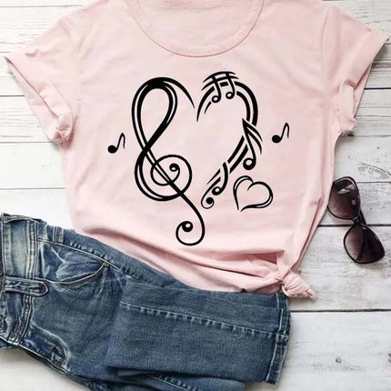 Fashion Women T Shirt Musical Note Printed T Shirt Casual Black Tops 90s Ladies Girls Tee Shirt Female Harajuku Graphic T-shirt