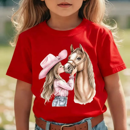 Girl Clothes Cute Girl Kisses Horse Print Summer Short Sleeve Casual Loose Kids Tops Outdoor Girls T-Shirt Children's Clothing