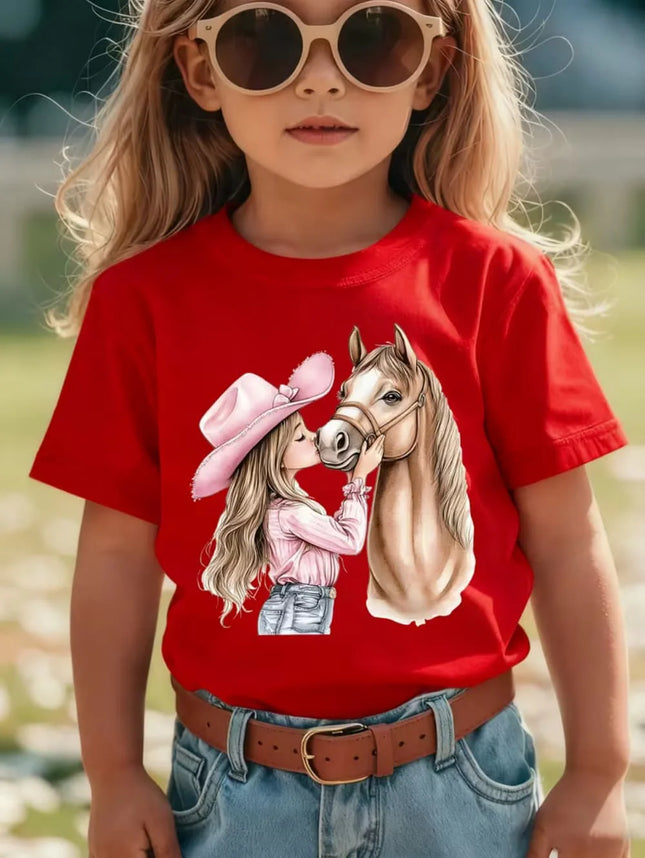 Girl Clothes Cute Girl Kisses Horse Print Summer Short Sleeve Casual Loose Kids Tops Outdoor Girls T-Shirt Children's Clothing