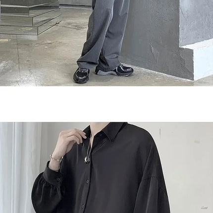 Korean Style Men's Long-sleeved Shirts Black Tie Cozy Casual Solid Oversize Blouses Breathable Loose Shirt Harajuku Male Clothes