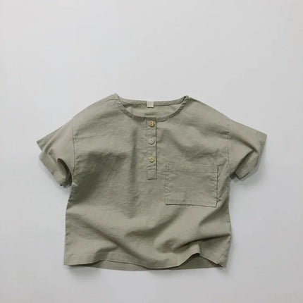 Retro Breathable Polo Shirt Korean Style Children's Summer Cotton and Linen Round Neck T-shirt Boys Girls Simple and Loose Top