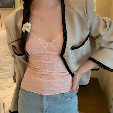 Pure Desire Lace Trim Camisole Tank Top with Chest Pad Summer Slimming Inner Wear Outerwear Beautiful Ba Boting Underwear