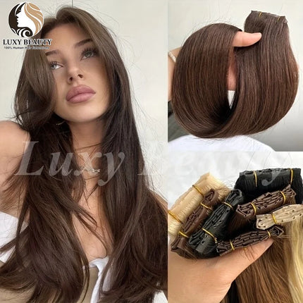 Brown Butterfly Hole Weft Hair Extensions Straight Invisible Twin Tab Weft Natural Blonde P4-27 Hole Weft Human Hair Extensions