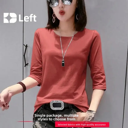High-End Pure Cotton T-Shirt Women's Summer 3/4 Sleeve 2025 New Korean Style Fashionable Simple Slimming Top Body Shirt