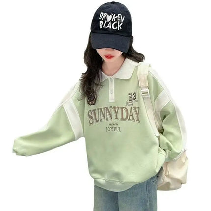 Spring and Autumn Children's Letter Printed Loose Casual Polo Shirt Children's Button Collar Splicing Long Sleeve Top