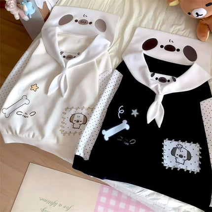 Japanese Kawaii Cartoon Dog Print Hoodies Women Sweet Sailor Collar Loose Sweatshirt Y2k Aesthetic Polka Dot Lolita Hoody Tops