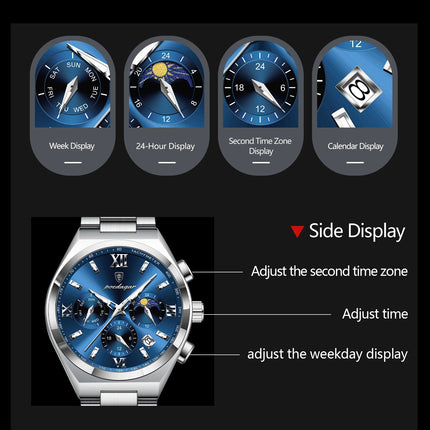POEDAGAR Fashion Functional Men's Wristwatch Luminous Week Date Business Watch For Men Stainless Steel Sports Men's Quartz Watches