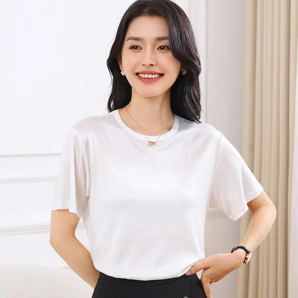 Summer Women's Short Sleeve O-Neck T-Shirt Knitted Acetate Fabric High-End Thin Pullover Top for Ladies