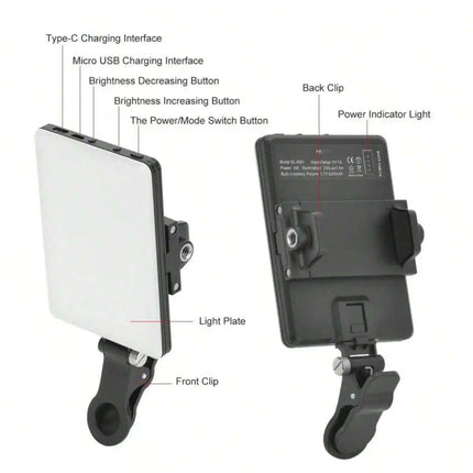 60 LED High Power Rechargeable Clip Fill Video Conference Light with Front & Back Clip, Adjusted 3 Light Modes for Phone, iPhone