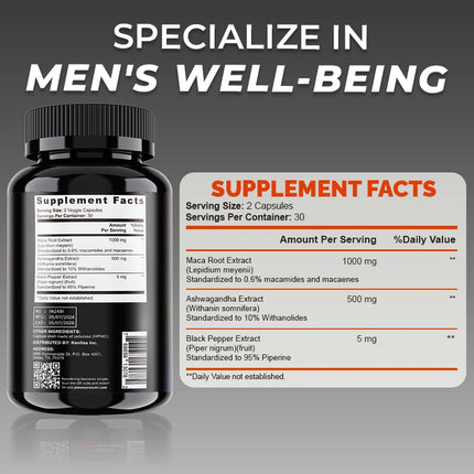 Organic Maca Root Powder Capsules 1500mg containing  Maca Root Extract,Ashwagandha,Black Pepper, Supplements for Men