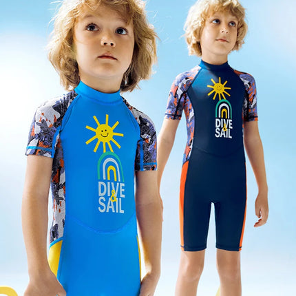 Children's Swimsuit Boys and Girls One-Piece Short-Sleeved Beach Sun Protection Professional Training Swimsuit