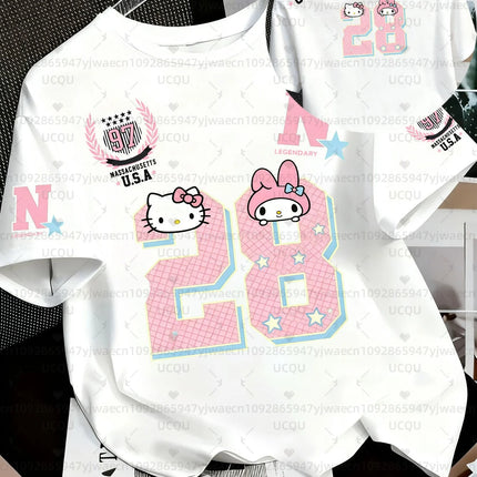 Summer Women's Girl's Casual Hello Kitty Kuromi My Melody Print Kid Cute T-Shirt Round Neck Tee Outdoor Sport Men's T-shirt