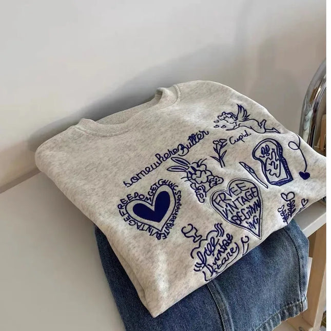 Korean Style Long Sleeve round Neck Fleece Lined Embroidered Sweatshirt Women's Fashionable Casual Crew Neck Pullover Top
