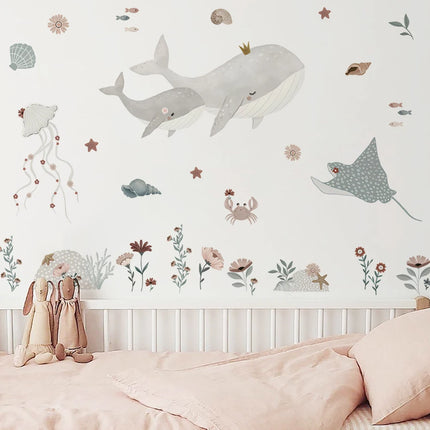 Watercolor Whale Wall Decals Ocean Animal Wall Sticker Under The Sea Marine Life Theme Decals Nursery Kids Room Decor