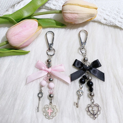 Gothic Cross Love Heart Skull Key Pendant Keychain for Women Trend Black Bowknot Key Ring Female Halloween Y2K Jewelry