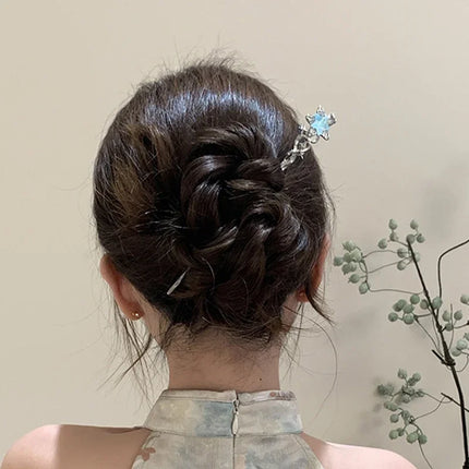 Luminous Flower Hairpin for Women, Creative Star and Moon Tassel Hair Stick, Retro Chinese Style Metal Hair Accessory