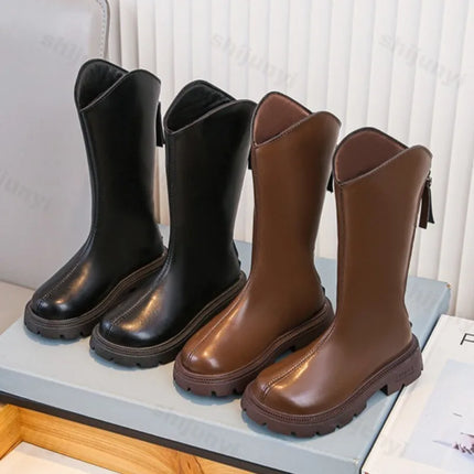 Children Knee Length Boots New 2025 Autumn Student Girls Princess Boots Kids Zipper Comfortable Non Slip Solid Color Long Boots