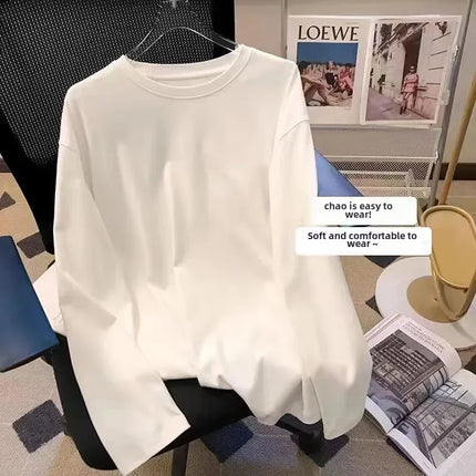 Pure Cotton Long Sleeve White Casual Fashionable Versatile Round Neck Base Layer Top For Spring Autumn/Winter Wholesale