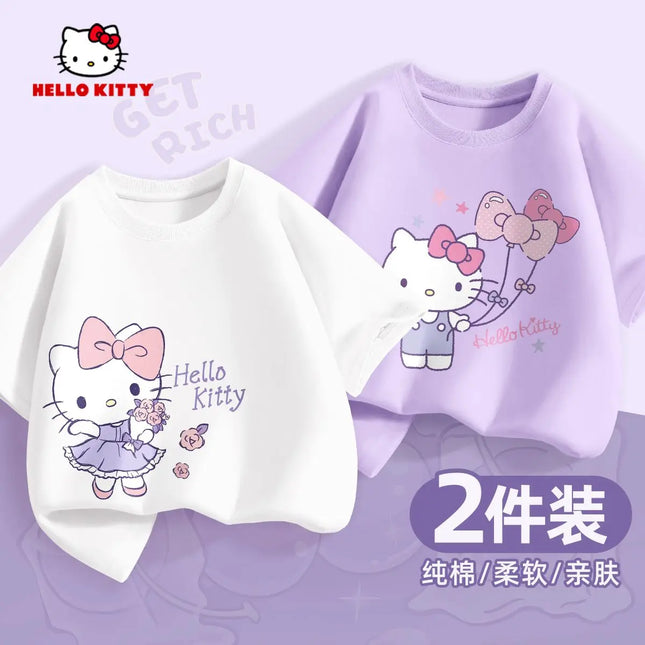(2 Pieces Per Pack) Sanrio Summer Baby Girls 100% Cotton Clothes Kid Children Girl Hello Kitty Printed T-shirts Short Sleeve Top