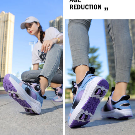 Kids Two Wheels Roller Skating Shoes with Light Magic Stick Walking Shoes, Detachable Wheels Roller Skate Shoes for Teenagers