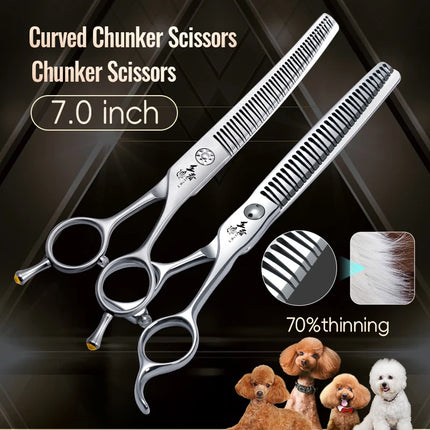 Fenice VG10 Steel 7Inch 3D Gradient Traceless Dog Grooming Straight/Curved Chunker Scissors Bearing Screws Pet Scissors 70% Rate