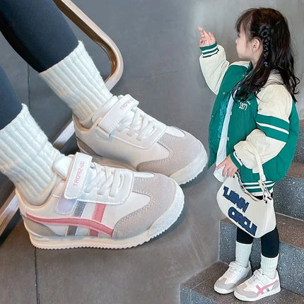Children Sports Shoes Color Block Sewing Thread Hook Loop Round Toe Soft Soled Thick Flat Shoes Breathable Comfortable Non Slip