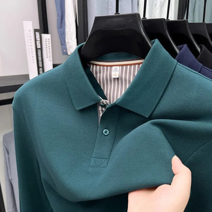 Men's casual long-sleeved pure cotton Polo shirt, new style for autumn, loose fit, pure color, classic, lapel Polo shirt