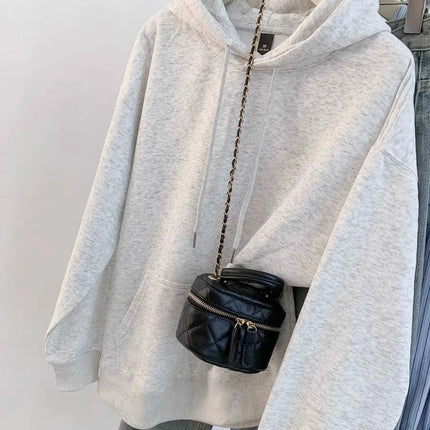 Women's Fleece Lined Hoodie Loose Fit Winter Pure Color Oversize Middle School Style American Korean Jacket Versatile Sweatshirt