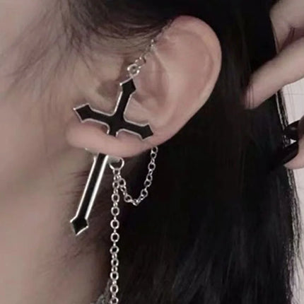 Vintage Black Big Cross Paired Tassel Earrings For Women Party Jewelry Punk Trendy Gothic Metal Ring Earring Gifts