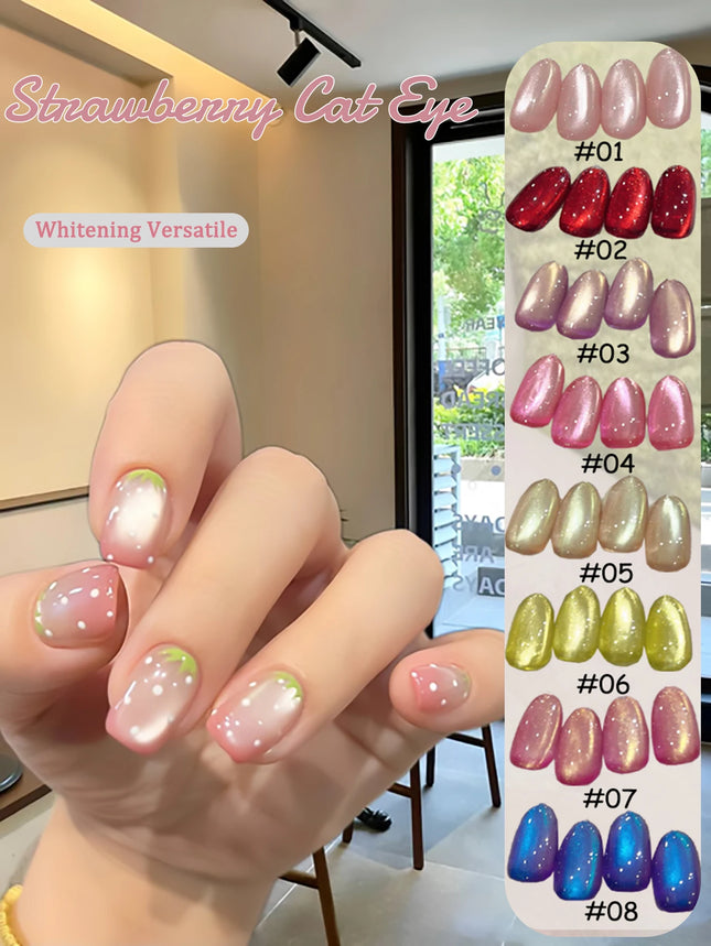 1-12pcs PSK New Whitening Strawberry Cat Eye Gel Nail Polish 2026 Super Glitter Whitening Red Glass Bead Nail Art Pink Nails