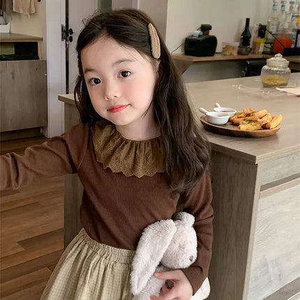 1-12 Years Long-Sleeved Shirts Children's Spring Knitted Tops Baby's Lace 2025 Lace Base Shirt Korean Girls Ruffle Collar T-shirt