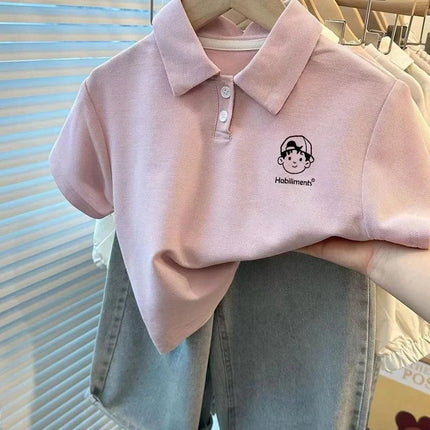 Unisex Children's Summer Polo Shirt Short Sleeve Loose Fit Collared T-Shirt Cartoon Print Versatile Kids' Fashion Basic Tee