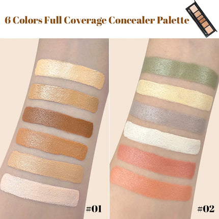 6-color concealer palette with brush,long-lasting concealer, waterproof full coverage concealers,Corrects Dark Circles,Red Marks