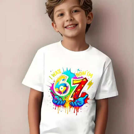 7th Birthday Boys and Girls Children T-shirt | "I Am 6 Years Old, Now 7 Years Old" 67 Print Comfortable Round Neck Casual Top