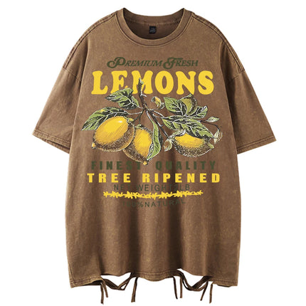 Premium Fresh Lemons Fruit Print Women Washed T-Shirts Y2K Comfortable Short Sleeve Loose All-Match T-Shirt Cotton Hip Hop Top