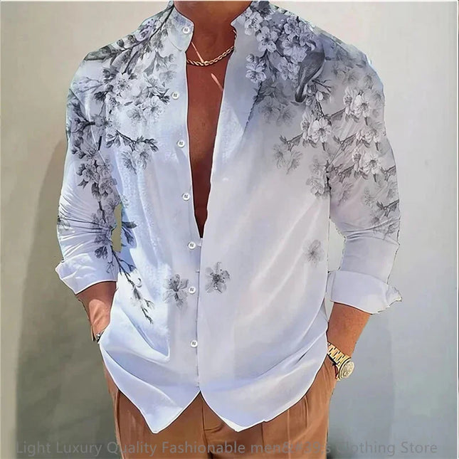 New men's shirt long-sleeved shirt 3D printing flower pattern long-sleeved standing clothing fashion casual XS-6XL soft fabric
