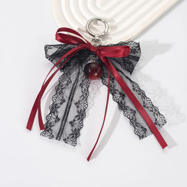Lace bow Keychain Hollow Red Ribbon Cherry Y2k Fashion Design Charm Delicate Backpack Key Chain Valentine's Day Gift Accessories