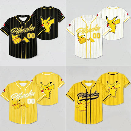 2026 Summer Pikachu Retro Cosplay Baseball Jersey Men's Oversized 3d Printed Short-Sleeved Family Unisex Children's Sports Shirt
