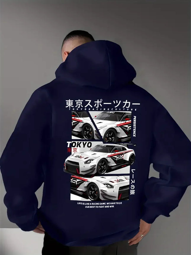Men's new fashionable car printed casual street style hooded sweatshirt, sports shirt, warm and comfortable top