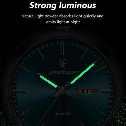 POEDAGAR Luxury Men's Watches Waterproof Luminous Date Week Men Watch Stainless Steel Casual Fashion Quartz Man Wristwatch Reloj