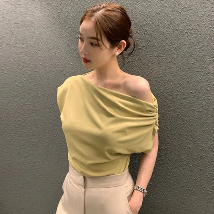 Korean Chic Summer French Asymmetrical Shoulder Design Loose Solid Color Overhead Short Sleeve T-Shirt Women's Trendy Style